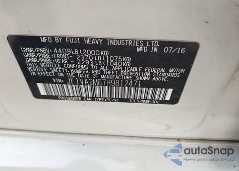 2017 Subaru Wrx Sti z USA, uszkodzony, nr VIN JF1VA2M67H9812471